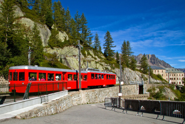 Funicular train arriving at Montenvers station above Chamonix