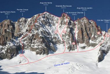 Aiguille Verte with route 2 marking the Whymper Couloir. Photo Copyright: Camp2Camp