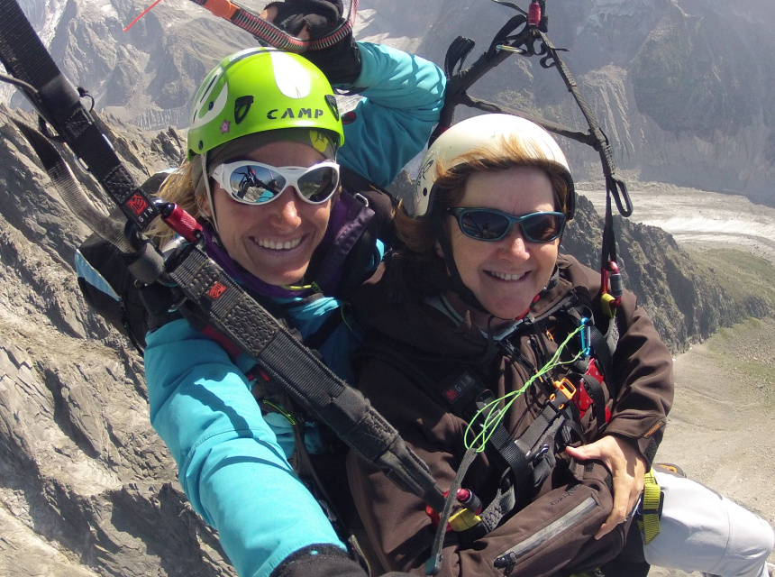 Gaby Van Der Steen with a tandem passenger enjoying a flight above Chamonix